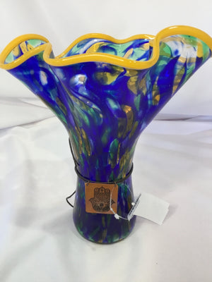 HandBlown Green/Blue/Yellow Art Glass Hand Fluted Vase