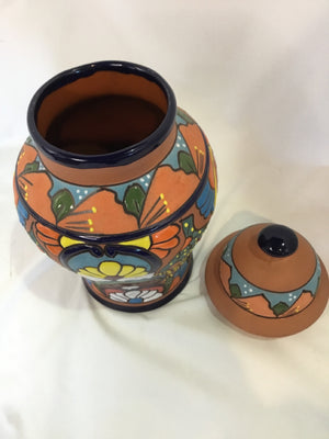 Signed Mexican Lidded Multi Terracotta Floral Urn