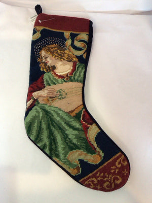 Vintage Stocking Red/Blue Needlepoint Angel Holiday Item