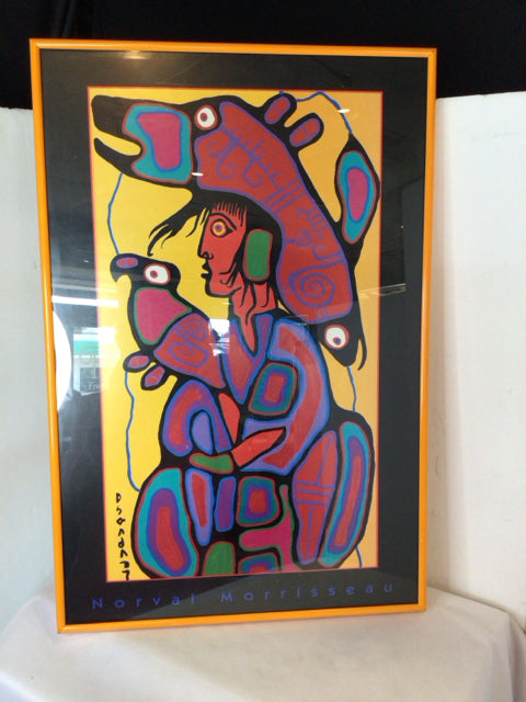 Signed Multi-Color Man Bird Framed Art