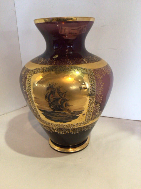 Murano Vintage Brown/Gold Glass Ship Vase
