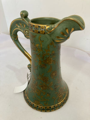 Vintage Asian Green/Gold Pottery Pitcher