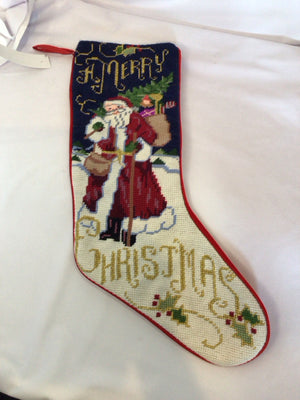 Vintage Stocking Red/Blue Needlepoint Santa Holiday Item