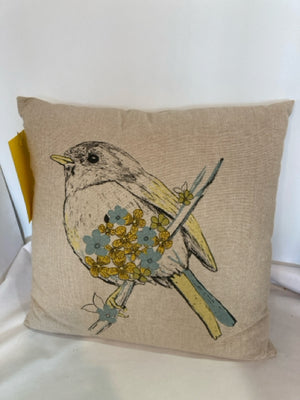 Beige/Blue Cotton Bird Flowers Pillow