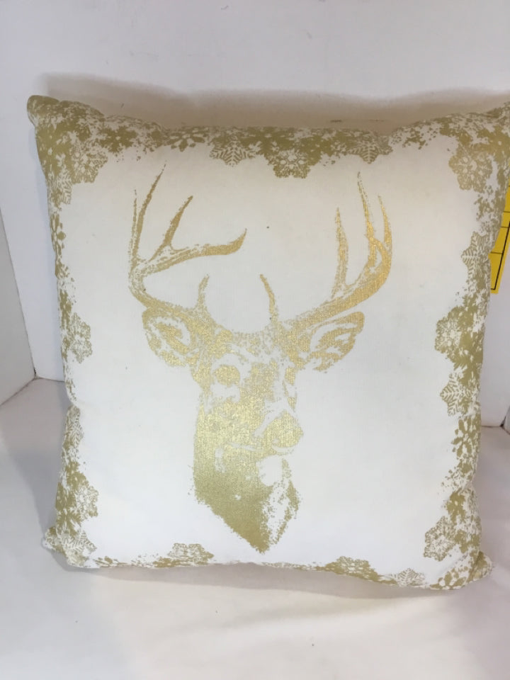 Pillow Cream/Gold Cotton Stag Holiday Item