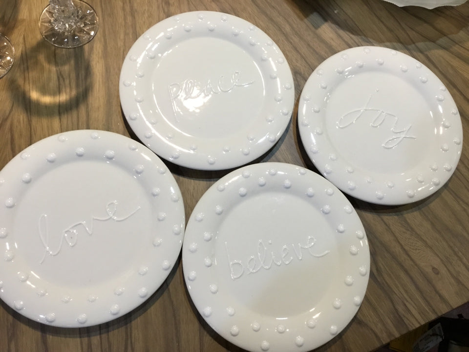 Dept 56 Plate set White Ceramic Words In Box Holiday Item