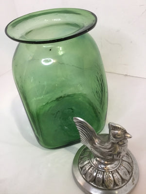 Green/Silver Glass/Metal Chicken Jar