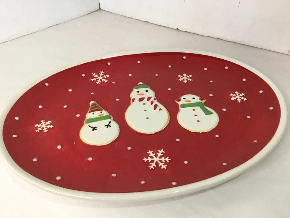 Platter Red/white Ceramic Snowmen Holiday Item