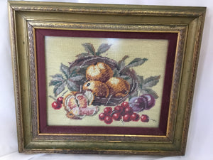 Vintage Gold/Multi Needlepoint Fruit Framed Art