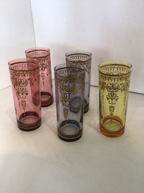 Set of 5 Multi Glass Gold Trim Glasses