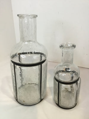 Crate & Barrel Industrial Clear Glass/Metal Pair Bottle Set