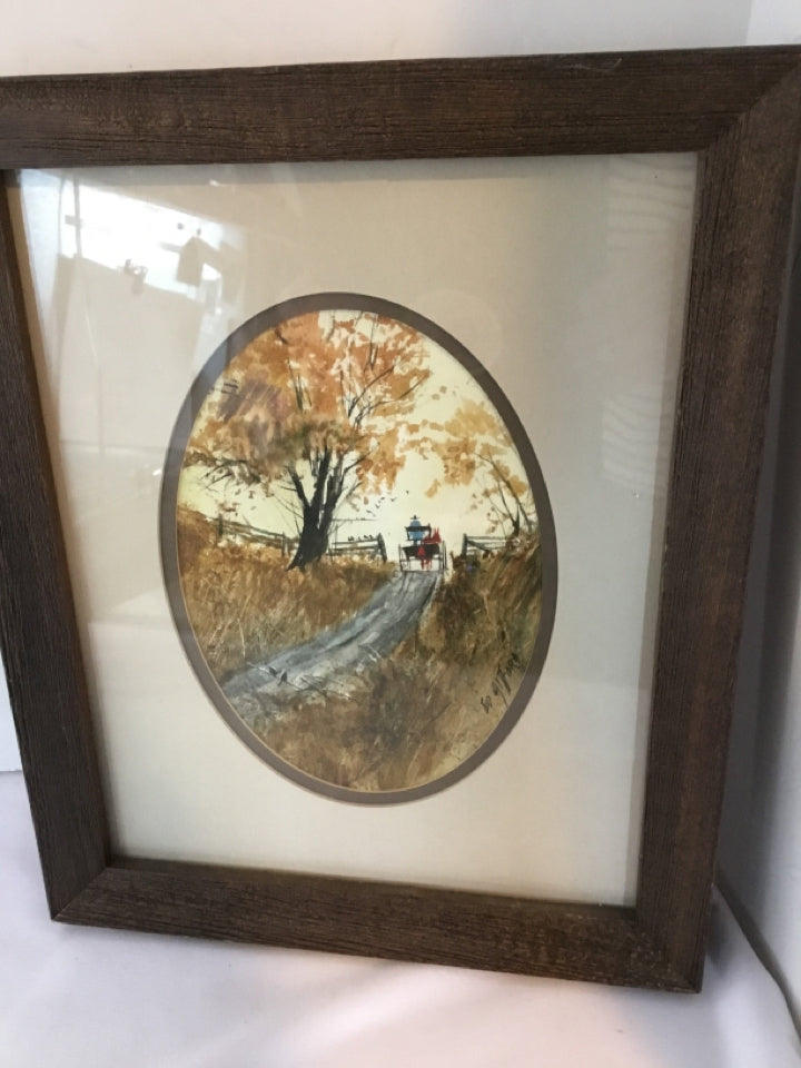 Signed Print Brown/Green Country Side Wagon Framed Art