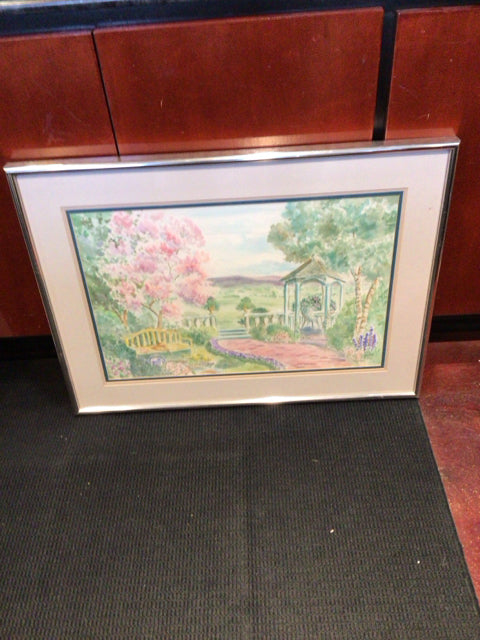 Signed Green/Pink Water Color Garden Gazebo Framed Art
