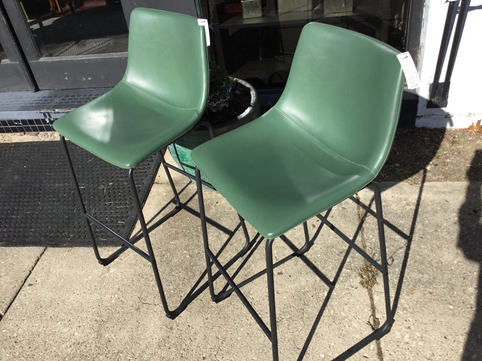 Pair Leather Green Barstool/Bar Stool