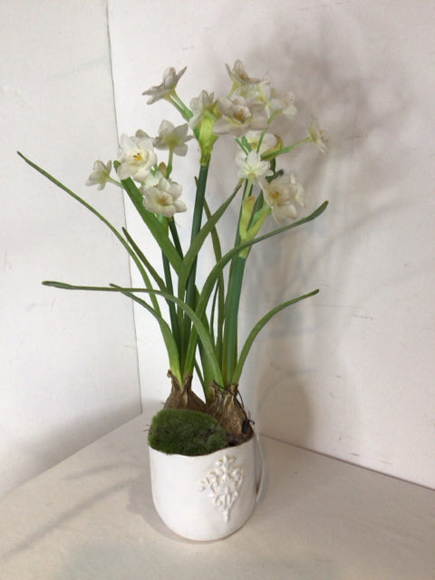Green/White In Planter Faux Flowers