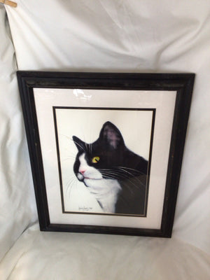 Signed Black/White Cat Framed Art