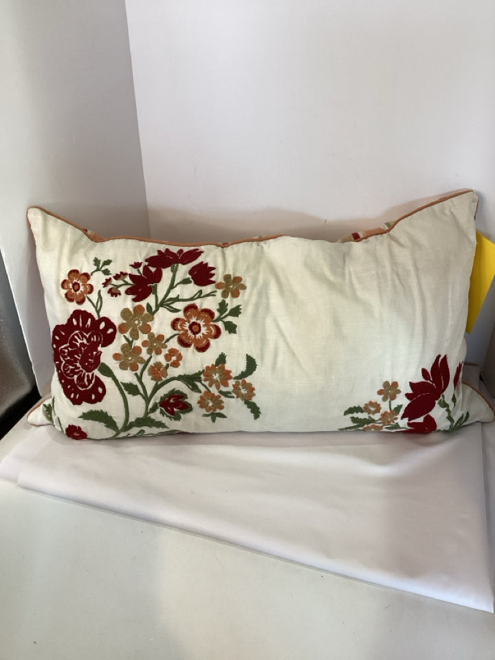 Down White/Red Polyester Floral Pillow