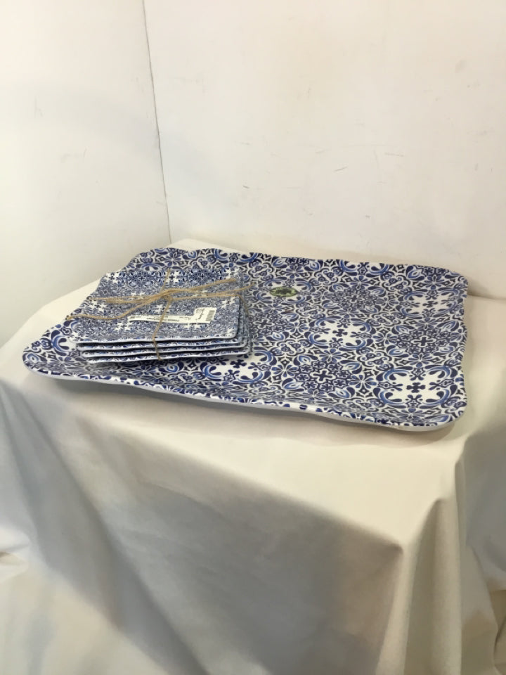 Michel Design Works 5 piece set Blue/White Melamine W/Tray Plate Set