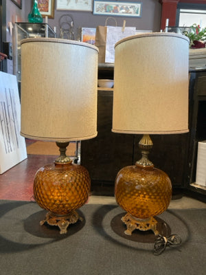 Hollywood Regency Amber Glass Hobnail Lamp Set