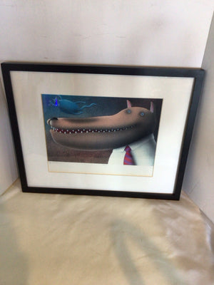 Signed Brown/Blue Dog Cat Framed Art
