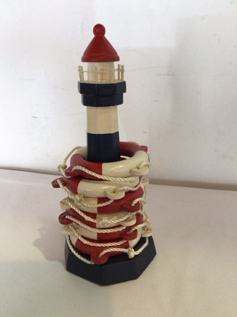 Red/white Wood Lighthouse Figurine