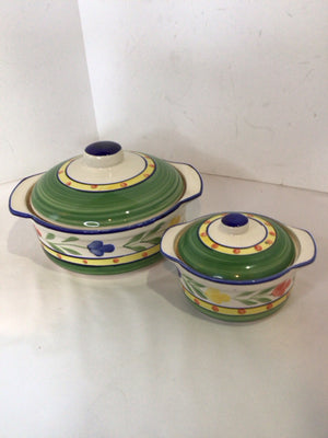 PIER 1 Pair Green/White Stoneware Lidded Cookware