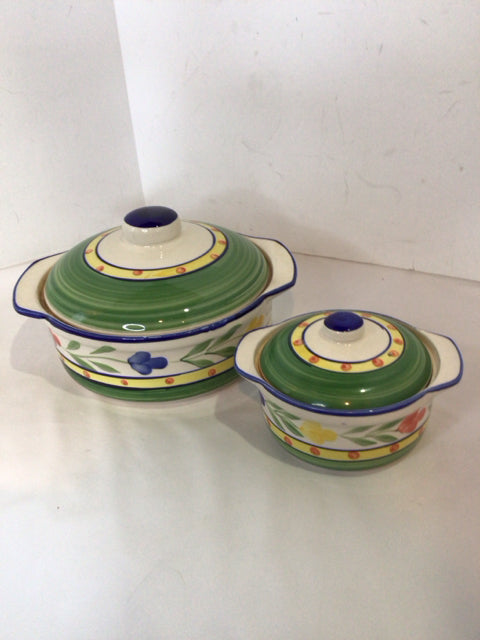 PIER 1 Pair Green/White Stoneware Lidded Cookware