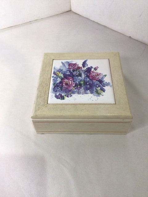 Cream/Purple Wood Flowers Jewelry Box