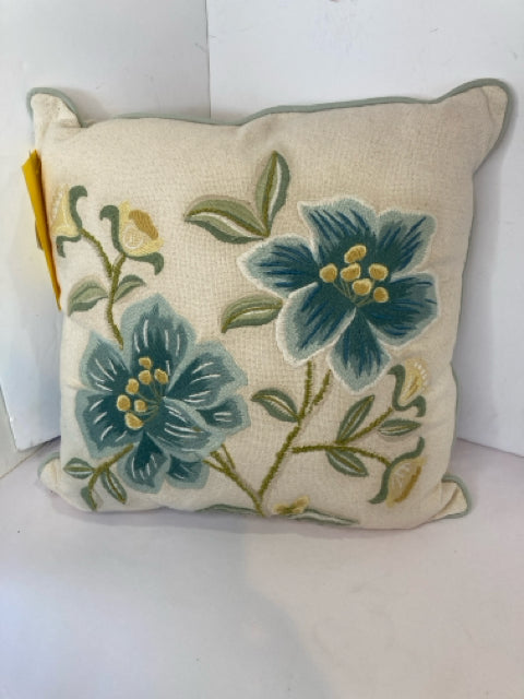 Cream/Blue Cotton Embroidered Flowers Pillow