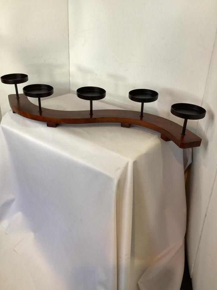 Crate & Barrel Brown/black Wood/Metal Curved Candle Holder