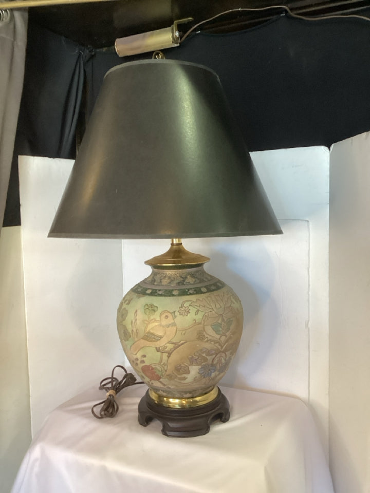 Vintage Green/Black Ceramic Floral Birds Lamp