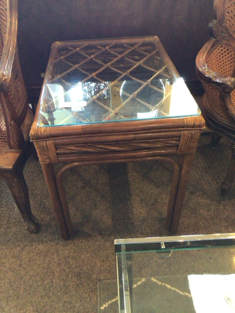 Rattan Glass Top Brown Table