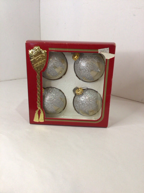 Set of 4 Silver Glass Ornaments Holiday Item