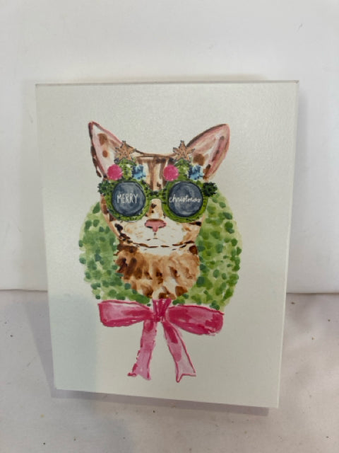 PIER 1 Christmas Pink/Green Wood Wall Hanging Cat Holiday Item