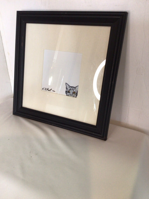 Signed Black/White Drawing Cat Framed Art
