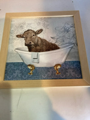Brown/Blue Canvas Cow Bathtub Framed Art