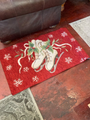 Rug Red/white Poly Blend Ice Skates Snowflake Holiday Item