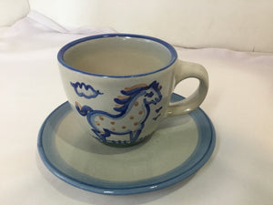M.A. Hadley 2 Piece Gray/Blue Stoneware Cup/Saucer