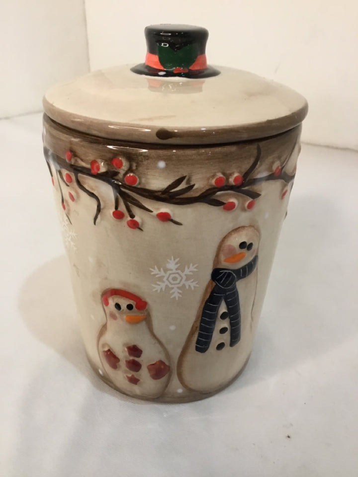 Jar Tan/Red Ceramic Snowman Holiday Item