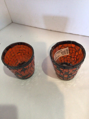 Pair Orange/Black Mosaic Candle Holders