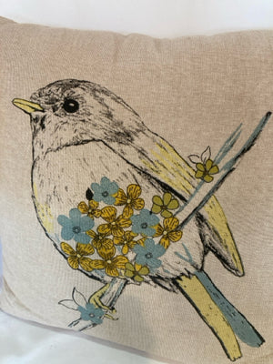 Beige/Blue Cotton Bird Flowers Pillow