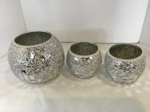 Set of 3 Silver/White Glass Mosaic Candle Holders