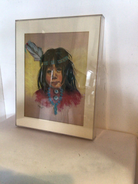 Signed Black/Red Child Indian Framed Art