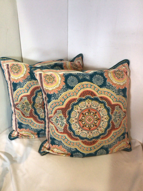 Pair Aqua/Orange Cotton Pillow Set