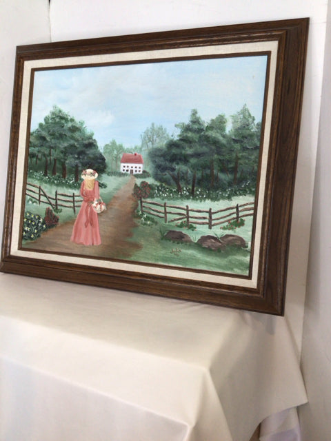 Signed Green/multi Oil painting Country Side Framed Art