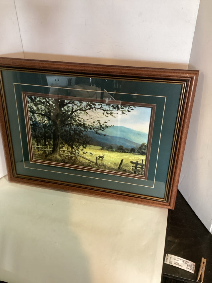 Green/Blue Country Side Deer Framed Art