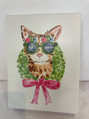 PIER 1 Christmas Pink/Green Wood Wall Hanging Cat Holiday Item