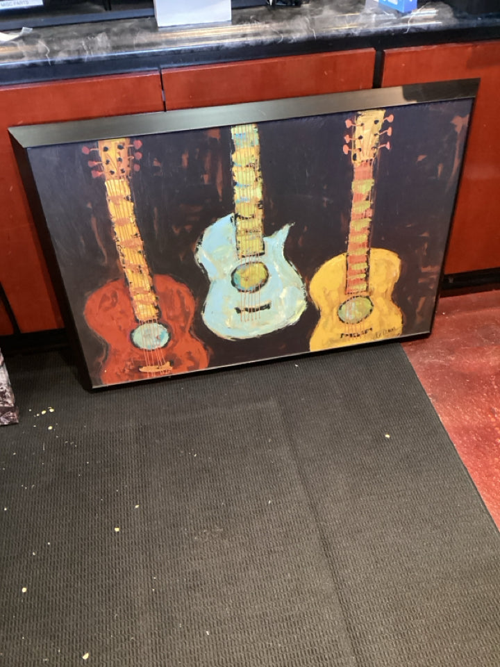 Signed Black/Multi Wood Guitar Framed Art