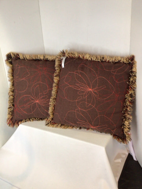 Dakota Pair Brown/Red Flowers Fringe Pillow Set