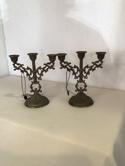 Vintage Antiqued Aluminum Metal Set of 2 Candle Holder
